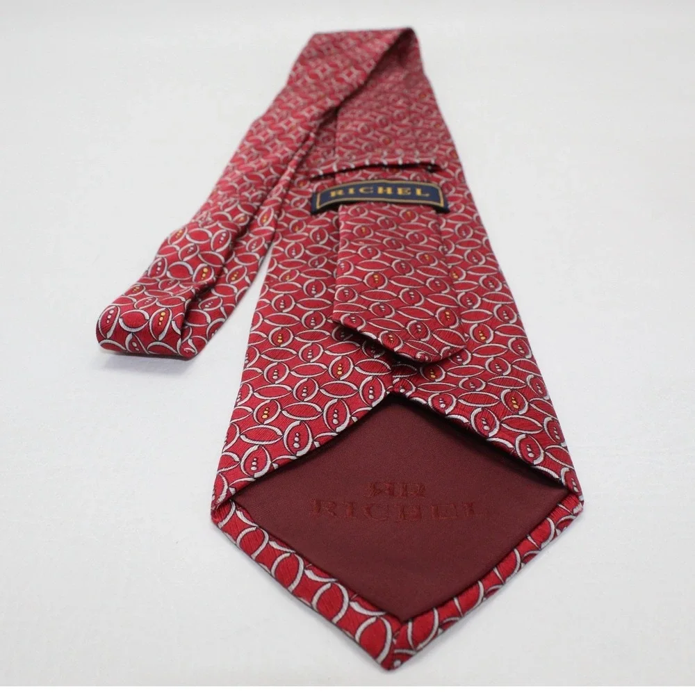 Richel Mens Silk Necktie Red Geometric Oval Pattern Hand Made Formal Tie